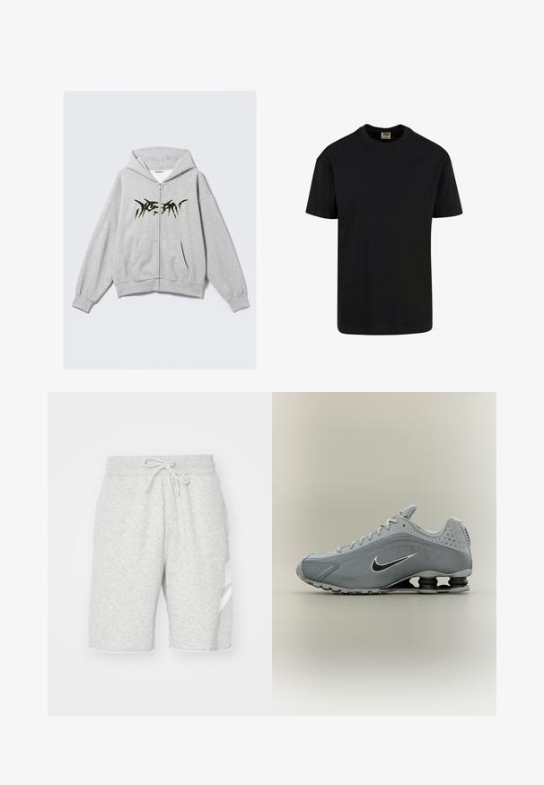 Sudadera con capucha gris claro con cremallera, diseño abstracto negro en el pecho, bolsillos delanteros y puños y dobladillo acanalados.; Urban Classics SHORTSLEEVE - Camiseta básica - black; Pantalones cortos de chándal gris para hombre, hechos de suave algodón, que cuentan con una cintura elástica con cordón, bolsillos laterales y un detalle de logo blanco.; Zapatilla deportiva Nike gris con logo swoosh en negro y blanco, diseño con cordones y amortiguación única tipo resorte en el área del talón de la suela.