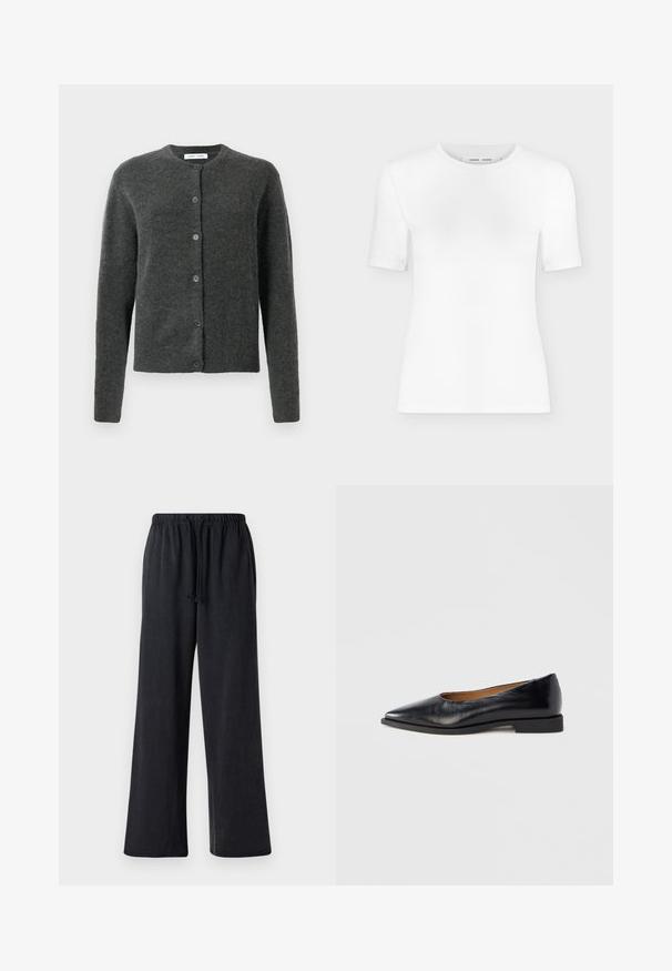 Donkergrijze button-up cardigan met lange mouwen en ronde halslijn, gemaakt van zachte, gestructureerde brei stof.; Wit T-shirt met korte mouwen en een ronde hals, een slanke pasvorm en geribbelde stof, weergegeven op een effen lichtgrijze achtergrond.; Zwarte, wijde broek van zacht materiaal met een elastische tailleband en koord. Kenmerkt zich door een gladde structuur en geen zichtbare patronen.; Zwarte leren platte schoen met een puntige neus en een lage, vierkante hak. Gladde textuur, minimalistisch ontwerp, zonder zichtbare sieraden of patronen.