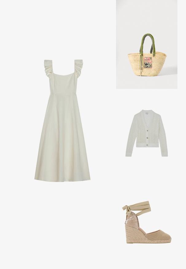 Cárdigan blanco de punto con mangas largas, cuello en V, patrón de tejido abierto y tres botones beige en la parte frontal.; Vestido sin mangas de color crema con escote cuadrado y detalles de volantes en los hombros, que cuenta con un corsé ajustado y una falda acampanada.; Sandalia de cuña de esparto beige con una parte superior de tejido tejido texturizado, lazos en los tobillos y un tacón de plataforma revestido de yute.; Bolso tote de paja beige tejido con asas trenzadas verdes y negras y un parche rectangular colorido en la parte frontal.