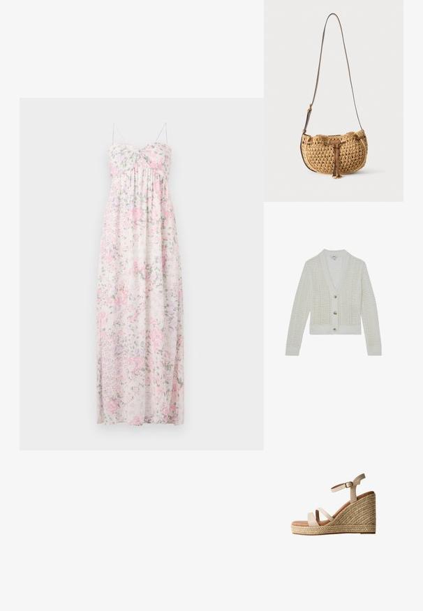 Witte gebreide cardigan met lange mouwen, V-hals, opengewerkt patroon en drie beige knopen aan de voorkant.; Maxi-jurk van lichtgewicht, doorschijnende stof. Heeft een bloemenpatroon in roze, paars en groen. Spaghetti-bandjes, sweetheart decolleté en geplooide details.; Beige sleehak sandaal met gevlochten jute plateau, twee voorste bandjes, een enkelbandje met gesp en een bruine gevoerde binnenzool.; Kleine beige gevlochten schoudertas met verstelbare bruine leren riem en een leren strikdetail aan de voorkant, hangend tegen een witte achtergrond.