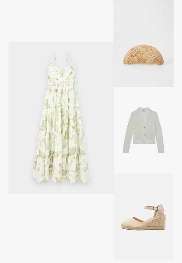 Hvid strikket cardigan med lange ærmer, V-hals, åbent vævemønster og tre beige knapper foran.; Maxi kjole i let materiale med et blomstermønster i grønne og gule nuancer, med en v-udskæring og tieret flæsekant.; Beige lærred wedge espadrille med et tekstureret bagpanel, ankelrem og flettet jute sål. Rund tå og flad hæl.; Vanessa Bruno Clutches - naturel