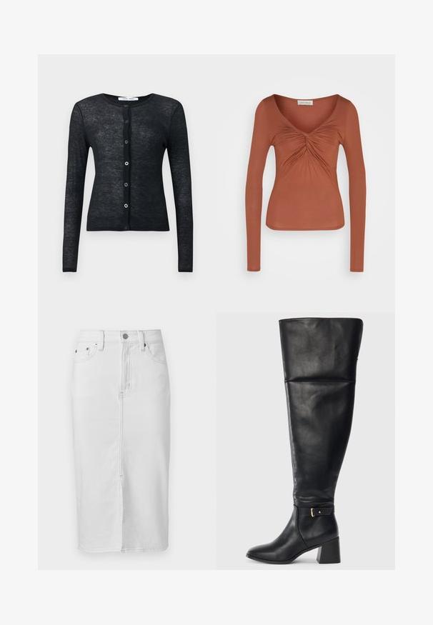 Zwarte, lange mouw, knoopsluiting cardigan met ronde hals en fijne brei-textuur, tentoongesteld op een effen achtergrond.; Langsleeve, roestkleurig shirt met een wijd uitgesneden hals en geplooide details aan de voorkant. Gemaakt van zacht, rekbaar materiaal.; Witte denim rok tot op knielengte met een voornaad, riemlussen, knoop en twee voorzakken.; Zwarte leren kniehoogte laars met blokhak en decoratieve band met gouden gesp boven de enkel, zijaanzicht op witte achtergrond.