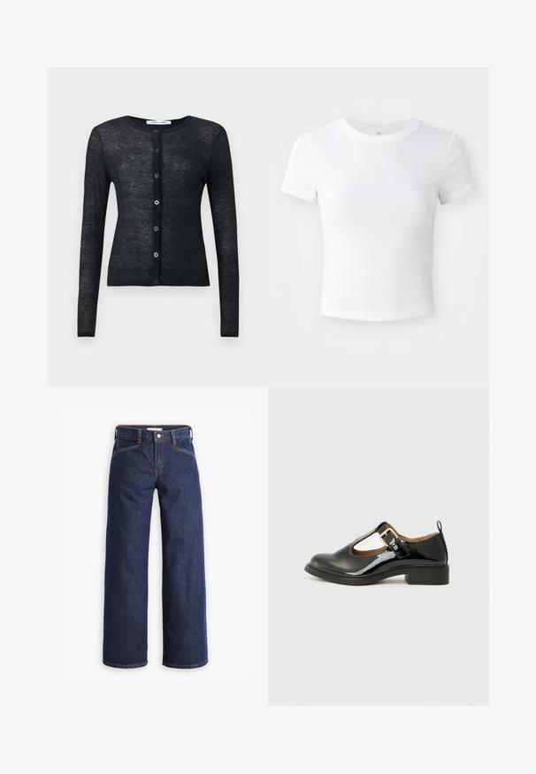 Cardigan noir à manches longues, boutonné, avec encolure ronde et texture en tricot fin, présenté sur un fond uni.; T-shirt courte à manches courtes, blanche, avec un col rond, présentée sur un fond neutre et lumineux.; Jeans en denim bleu marine avec taille haute, coupe large et broderies orange discrètes. Comprend une fermeture par bouton et zip à l'avant.; Chaussure Mary Jane en cuir verni noir avec un bout arrondi, une sangle au niveau de la cheville, un détail de boucle dorée et un petit talon carré. Texture lisse.