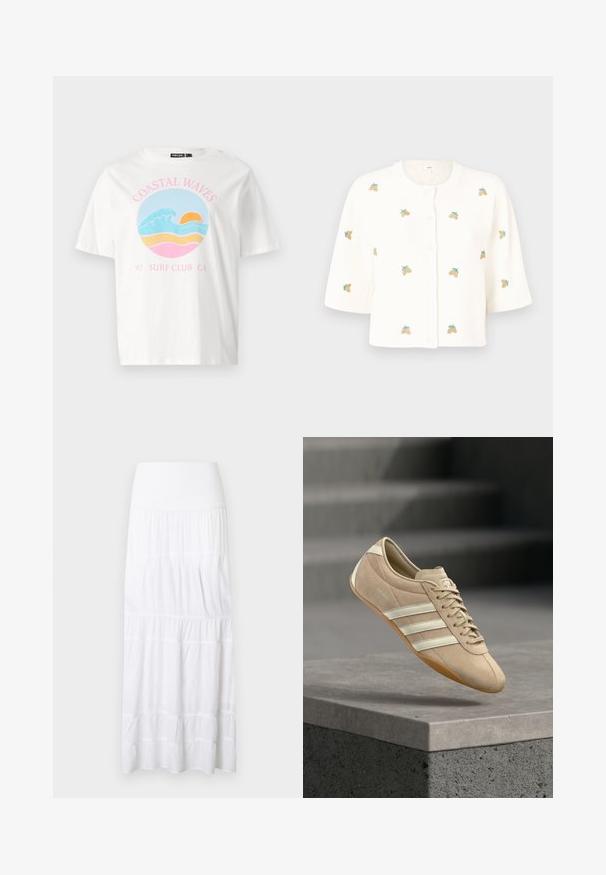 Object OBJTHESS - Neuletakki - cloud dancer/lemon; Valkoinen lyhythihainen t-paita, jossa on graafinen kuvasto, joka esittää aaltoja, auringonlaskua ja tekstiä "COASTAL WAVES 97 SURF CLUB CA" vaaleanpunaisena ja sinisenä.; Valkoinen, kerroksittain laskostettu maksihame, joka on valmistettu kevyestä kankaasta. Siinä on joustava vyötärö ja hienovarainen rakenne vaakasuorin saumin.; Vaaleanbeige lenkkari, jossa on kolme valkoista vaakaraitaa, mokkanahkainen päällinen ja kuminen gumipohja, sivulla logolla.