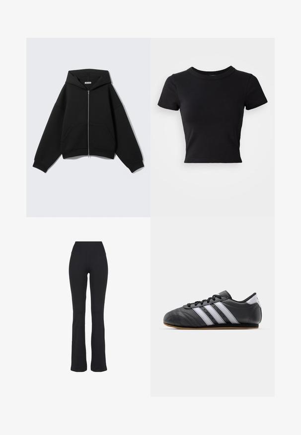 Sudadera negra con cremallera, mangas largas, bolsillos delanteros y capucha, mostrada sobre un fondo liso gris claro.; Camiseta corta negra hecha de algodón sólido, con mangas cortas y un cuello redondo, de diseño suave y sencillo.; Pantalones de yoga negros de talle alto y ajustados con piernas acampanadas, presentados sobre un fondo blanco.; Zapatilla deportiva de cuero negro con rayas blancas, puntera redonda, suela plana y cierre con cordones. Presenta perforaciones para transpirabilidad.