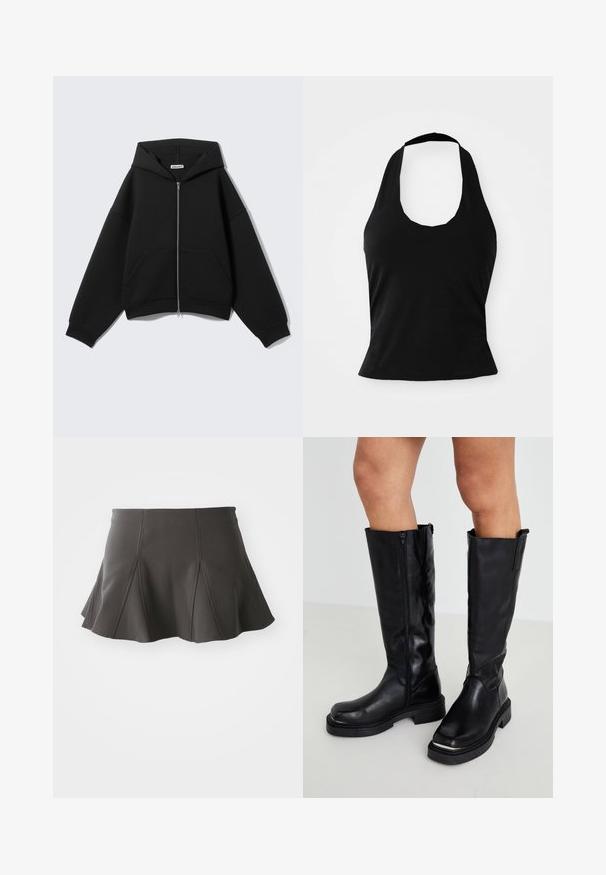 Sweat à capuche zippé noir, manches longues, poches avant et capuche, présenté sur un fond uni gris clair.; Haut halter noir en tissu doux, avec un col rond et une silhouette ajustée, à la texture lisse et sans motifs visibles.; Jupe noire évasée avec une taille ajustée, présentant des coutures verticales et une texture lisse. L'ourlet est légèrement incurvé et se situe au-dessus de mi-cuisse.; Bottes en cuir noires montantes avec une fermeture éclair latérale, semelle en caoutchouc épaisse et finition texturée, dotées d'un design minimaliste.