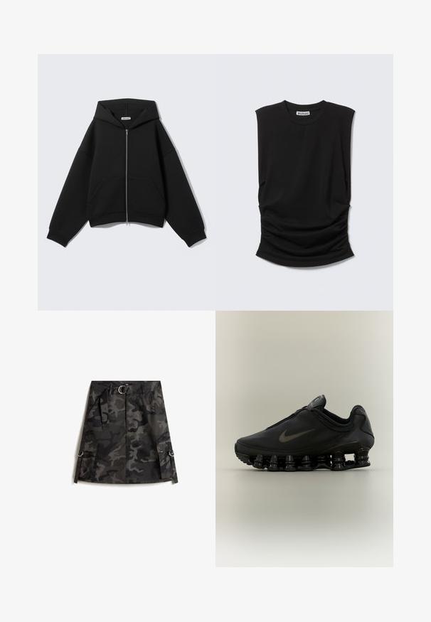Zwarte hoodie met rits, lange mouwen, voorzakken en capuchon, afgebeeld op een effen lichtgrijze achtergrond.; Zwarte mouwloze top met brede schoudervullingen, ronde hals en geplooid stofdetail bij de taille, met het label "Weekday" aan de binnenkant van de kraag.; Camo rok in donkergrijs en zwart, met een voorkleur rits, een riem met een zilveren gesp en twee cargozakken met ringen.; Zwarte Nike-sneaker met een bovendeel met ritssluiting en een kenmerkende veerachtige, gesegmenteerde zool, weergegeven in zijaanzicht op een neutrale achtergrond.