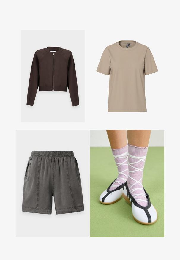 Mørkebrun langærmet cardigan med lynlås, ribstrikkede manchetter, krave og kant, vist fladt på en hvid baggrund.; Beige bomulds T-shirt med rund hals, korte ærmer og en afslappet pasform. Har minimal syning og ingen synlige mønstre eller accenter.; Grå, bomuldsblandede shorts med elastisk talje, sidelommer og stikninger langs sømmene. Blød tekstur og afslappet pasform.; Ben iført ribbet lilla sokker med hvide krydsede stropper kombineret med hvide balletsko med sort kant på grøn gulv.