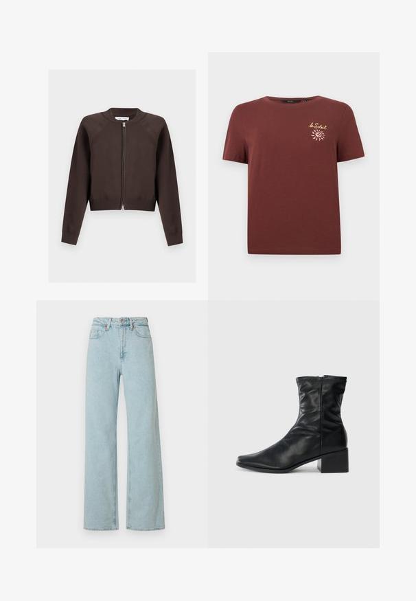 Cardigan marron foncé à manches longues avec fermeture éclair, poignets, col et ourlet côtelés, présenté à plat sur fond blanc.; T-shirt marron à manches courtes avec col rond et petit texte jaune "le Soleil" accompagné d'un graphique de soleil sur la poitrine gauche.; Jean en denim bleu clair taille haute avec jambes larges, fermeture avant par bouton et fermeture éclair, passants de ceinture et design à cinq poches.; Bottes en cuir noires à mi-mollet avec un bout carré, fermeture éclair sur le côté et talon bloc sur un fond blanc uni.