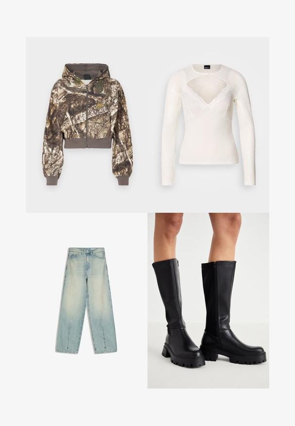 Gevoerde zip-up jas met een bruin en groen camouflageboomschorsprint, geribbelde manchetten en tailleband, weergegeven op een witte achtergrond.; Witte top met lange mouwen van kant met een V-hals en een fijn kanten randje langs de halslijn. Heeft een knoopsluiting bij de kraag.; Lichtblauwe wijde denimbroek met voorzakken, riemlussen, knoopsluiting en subtiele vervaagde details.; Zwarte kniehoge laarzen van glad synthetisch leer met een dikke zool, zijrits en een ronde neusontwerp.