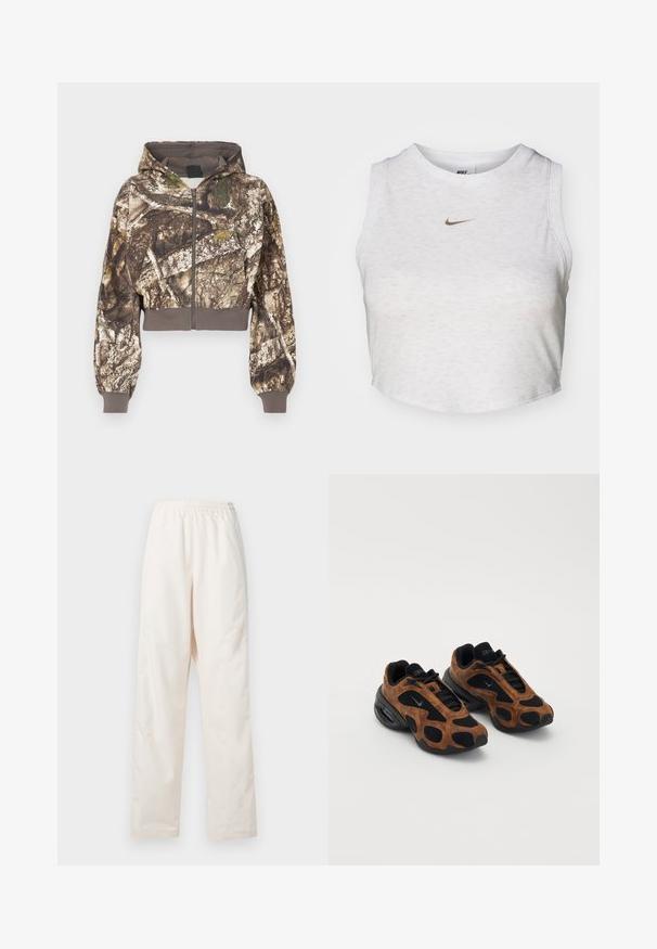 Kapuzensweatjacke mit braunem und grünem Tarnmuster, das Baumrinde darstellt, mit gerippten Bündchen und Bund, auf weißem Hintergrund dargestellt.; Weißes Crop-Top aus weichem, strukturiertem Stoff. Verfügt über einen runden Ausschnitt und einen ärmellosen Schnitt mit einem kleinen goldenen Nike-Logo auf der Vorderseite.; Locker sitzende, crèmefarbene Hose mit elastischem Bund und geradem Beinschnitt, vor einem einfarbigen weißen Hintergrund präsentiert.; Braune Wildledersneaker mit schwarzem Mesh in runder Form, ausgestattet mit auffälligen Ausschnitten und einer dicken schwarzen Sohle.