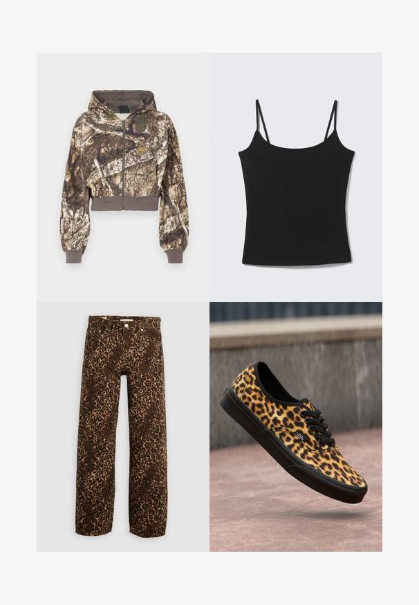 Gevoerde zip-up jas met een bruin en groen camouflageboomschorsprint, geribbelde manchetten en tailleband, weergegeven op een witte achtergrond.; Zwart, mouwloos, cropped tanktopje met dunne schouderbandjes en een rechte halslijn op een lichtgrijze achtergrond.; Luipaardprint wijde broek in bruin en beige. Gemaakt van denim, met een klassieke vijf-pocket ontwerp en metalen hardware accenten.; Sneaker van canvas met luipaardprint, rubberen zwarte zool, ronde neus en zwarte veters. Heeft branding aan de zijkant. Standaard low-top ontwerp.