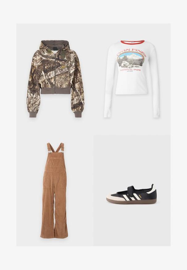 Gevoerde zip-up jas met een bruin en groen camouflageboomschorsprint, geribbelde manchetten en tailleband, weergegeven op een witte achtergrond.; Wit shirt met lange mouwen, rode kraag en de tekst "Twin Pines National Park" met een afbeelding van een berg en bos op de voorkant.; Bruine corduroy salopettes met brede pijpen, verstelbare bandjes en een voorkant vak. Zachte textuur met een verticale ribbelpatroon.; Zwart-beige sneaker met een klittenbandsluiting, drie witte strepen aan de zijkant en een getextureerde bruine rubberen zool. Merkembleem zichtbaar.