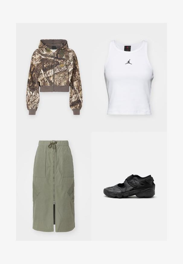 Gevoerde zip-up jas met een bruin en groen camouflageboomschorsprint, geribbelde manchetten en tailleband, weergegeven op een witte achtergrond.; Witte crop tanktop van katoen met een ribbeltextuur. Beschikt over een zwart Jordan-logo in het midden en een klassieke ronde hals.; Olijfgroene midi-skirt gemaakt van lichte stof, met een voorkantoor, een elastische tailleband en grote zijzakken met schuine kleppen.; Zwarte sportieve sandaal met gesloten neus, klittenbandriemen op de middenvoet en hiel, en een dikke gewatteerde zool met de tekst "AIR" aan de zijkant.