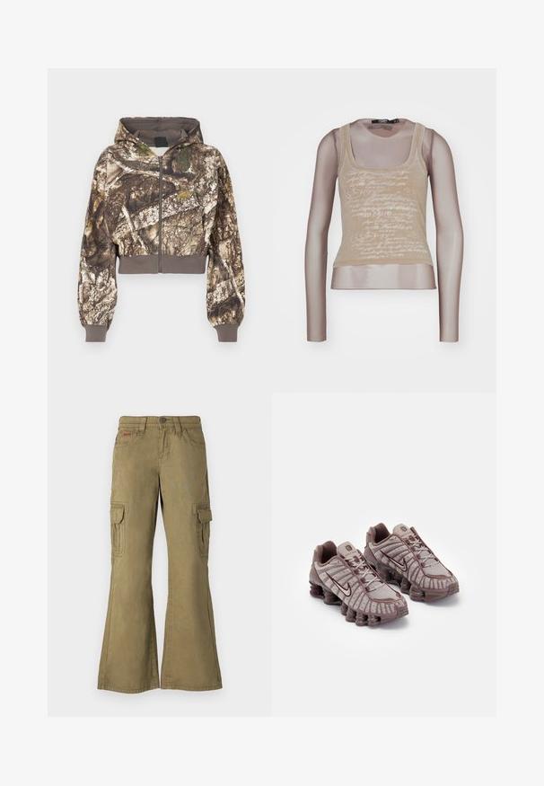 Kapuzensweatjacke mit braunem und grünem Tarnmuster, das Baumrinde darstellt, mit gerippten Bündchen und Bund, auf weißem Hintergrund dargestellt.; Beige ärmelloses Top kombiniert mit langen Mesh-Ärmeln; verfügt über einen weißen Schriftzug auf der Vorderseite, einen runden Ausschnitt und eine taillierte Silhouette.; Cargo-Hosen in Olivgrün, aus Baumwolle gefertigt. Merkmale sind weit geschnittene Beine, mehrere Seitentaschen und ein Knopfverschluss an der Taille.; Nike Sportswear SHOX TL - Sneaker low - pumice/night maroon/plum eclipse