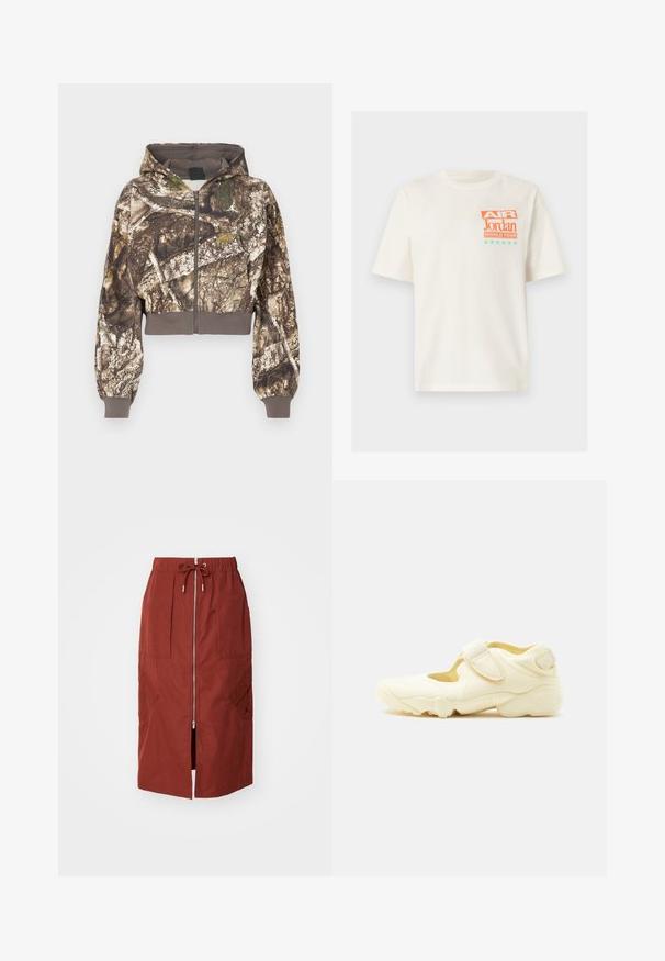 Chaqueta con capucha y cremallera, con estampado de corteza de árbol en camuflaje marrón y verde, puños y cinturilla acanalados, exhibida sobre fondo blanco.; Camiseta blanca de manga corta con texto "Air Jordan World Tour" en naranja y verde azulado, y seis estrellas verde azulado en la parte superior izquierda del pecho.; Falda de longitud media en rojo terracota, con cremallera frontal, cinturilla elástica con cordón ajustable y bolsillos laterales con un diseño geométrico.; Zapatilla deportiva beige con suela gruesa, diseño con recortes y dos correas ajustables de velcro sobre fondo blanco.