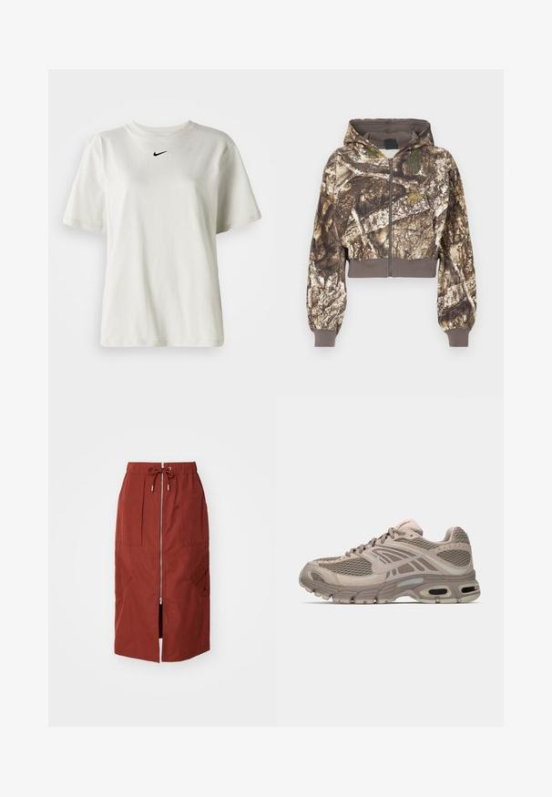 Gevoerde zip-up jas met een bruin en groen camouflageboomschorsprint, geribbelde manchetten en tailleband, weergegeven op een witte achtergrond.; Witte katoenen t-shirt met een ronde halslijn en korte mouwen. Heeft een klein zwart Nike-logo op de borst. Eenvoudig en onopgesmukt ontwerp.; Mid-length rok in terracotta rood, met een rits aan de voorkant, een elastische tailleband met trekkoord en zijzakken met een geometrisch ontwerp.; Beige sportschoen met bovenwerk van mesh, gevormde accenten, ronde neus en zichtbare luchtkussens in de zool. Veters in een neutrale tint.