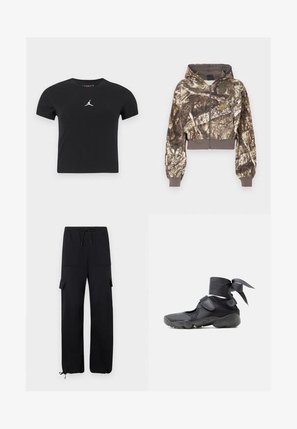 Veste à capuche zippée avec un imprimé camouflage écorce d'arbre brun et vert, poignets et taille côtelés, présentée sur un fond blanc.; T-shirt cropped à manches courtes noir avec le logo Jumpman blanc centré sur la poitrine, sur un fond uni.; Pantalons cargo noirs en tissu doux, dotés d'une taille à cordon de serrage, de deux poches avant et de poignets élastiqués aux chevilles.; Chaussure de sport noire avec des découpes, des brides en velcro et un lacet autour de la cheville noué en un nœud, vue de côté sur un fond blanc.