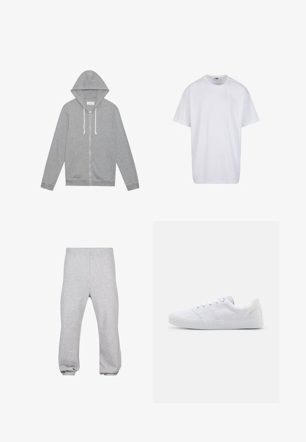 Haut à capuche zippé gris clair avec des cordons blancs, poches avant et capuche, posé à plat sur un fond blanc.; T-shirt blanc uni en coton à manches courtes avec col rond et étiquette de taille et de marque visible à l'intérieur du col.; Pantalon de jogging en coton gris clair avec taille élastique et poignets aux chevilles, présenté à plat sur fond blanc.; Baskets en toile blanches avec une semelle en caoutchouc, dotées de six œillets, d'un embout texturé et d'un design minimaliste.