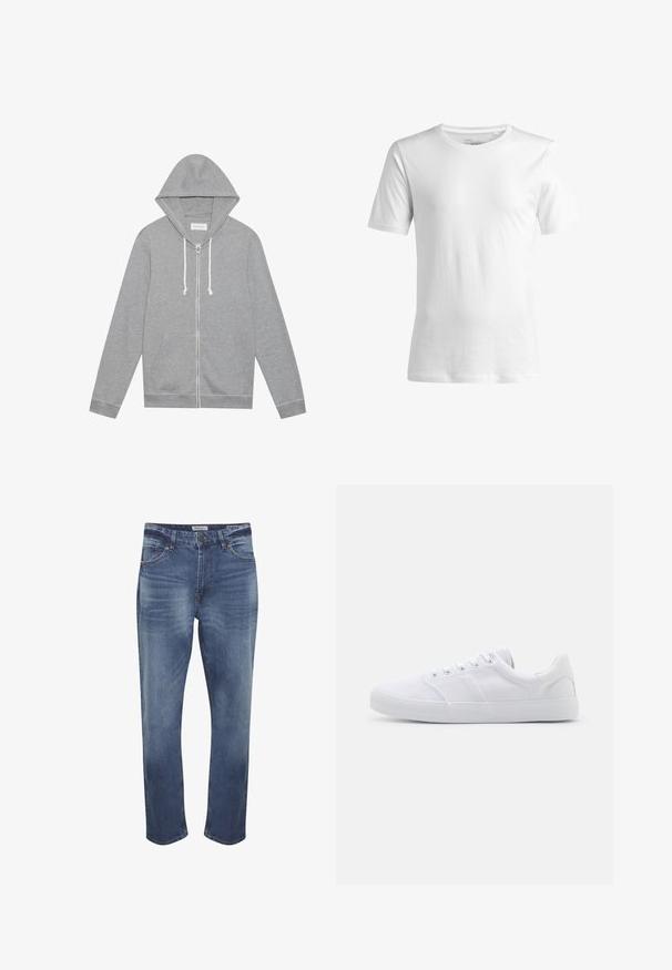 Lys grå zip-up hættetrøje med hvide snore, forlommer og hætte, lagt fladt mod en hvid baggrund.; Hvid kortærmet T-shirt lavet af bomuld med en almindelig pasform og en rund halsudskæring. Glat tekstur, uden mønstre eller synlige detaljer.; Denimjeans i mellemblå med en falmet finish, fem-lomme design, lynlås og standard lige ben skæring. Distinkt syninger detaljer.; Hvide lærreds sneakers med gummisål, der har seks snørehuller, en struktureret tåkap og et minimalistisk design.