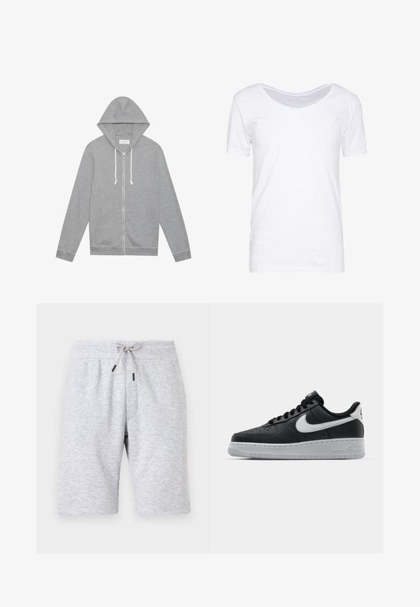 Haut à capuche zippé gris clair avec des cordons blancs, poches avant et capuche, posé à plat sur un fond blanc.; T-shirt blanc à manches courtes, décolleté en scoop, texture douce, coupe décontractée, fabriqué en tissu léger avec un léger stretch. Sans motifs ni accents.; Shorts en coton gris clair longueur genou avec ceinture élastique et cordon de serrage à l'avant noué en nœud, présenté de face sur un fond uni.; Baskets en cuir noir avec surface texturée, swoosh Nike blanc, semelle grise, bout rond et design à lacets. Comprend des perforations sur la boîte à orteils.