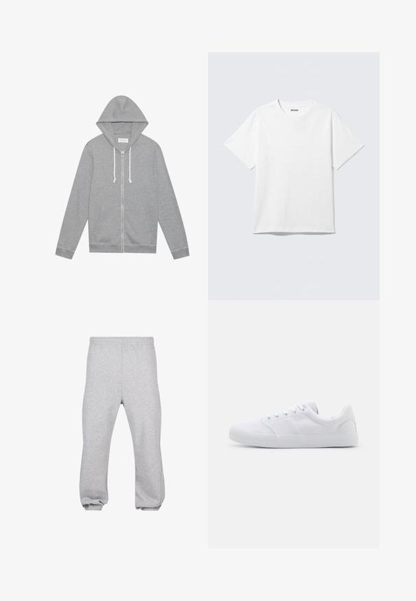 Haut à capuche zippé gris clair avec des cordons blancs, poches avant et capuche, posé à plat sur un fond blanc.; T-shirt blanc à manches courtes et col rond, étalé à plat, design uni, avec l'étiquette "WEEKDAY" à l'intérieur du col sur un fond clair.; Pantalon de jogging en coton gris clair avec taille élastique et poignets aux chevilles, présenté à plat sur fond blanc.; Baskets en toile blanches avec une semelle en caoutchouc, dotées de six œillets, d'un embout texturé et d'un design minimaliste.