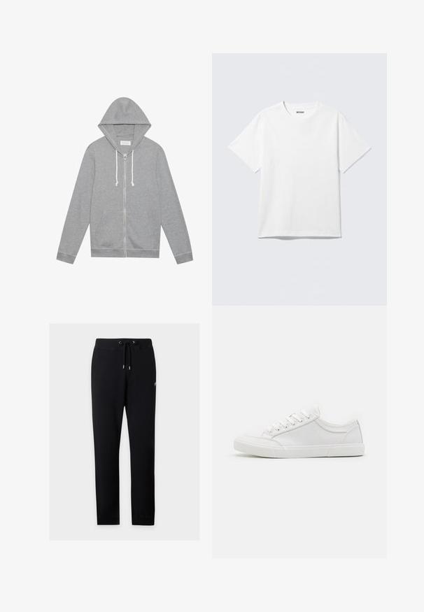 Haut à capuche zippé gris clair avec des cordons blancs, poches avant et capuche, posé à plat sur un fond blanc.; T-shirt blanc à manches courtes et col rond, étalé à plat, design uni, avec l'étiquette "WEEKDAY" à l'intérieur du col sur un fond clair.; Pantalon de jogging noir à cordon avec taille et poignets élastiques, présenté sur fond gris clair.; Baskets blanches avec une tige en cuir lisse, bout rond, semelle plate en caoutchouc et six œillets pour les lacets. Détails de couture subtils, design minimaliste.