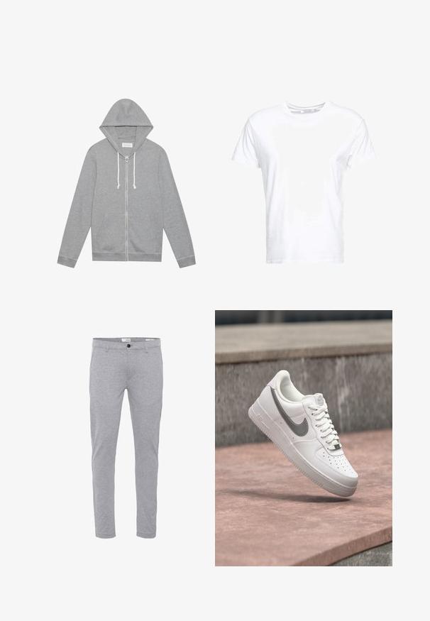 Haut à capuche zippé gris clair avec des cordons blancs, poches avant et capuche, posé à plat sur un fond blanc.; T-shirt en coton blanc avec un col rond et des manches courtes, au fit classique et à la texture lisse. Aucun motif ni accessoire visible.; Pantalon slim gris clair avec fermeture par bouton et zip à l'avant, poches avant et passants pour ceinture.; Baskets blanches Nike Air Force 1 avec logo swoosh gris flottant au-dessus d'une surface en pierre et un mur en pierre gris en arrière-plan.