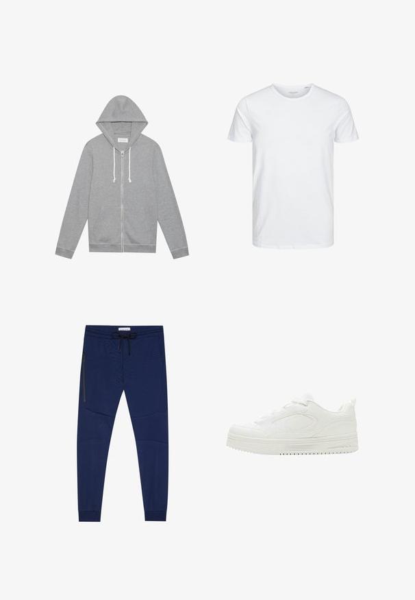Haut à capuche zippé gris clair avec des cordons blancs, poches avant et capuche, posé à plat sur un fond blanc.; T-shirt à col rond à manches courtes de couleur blanche unie, fabriqué en coton doux, avec un design simple sans motifs ni accents visibles.; Joggers marins avec une taille élastique et un cordon de serrage noir. Comprend une poche zippée et un panneau texturé sur les côtés.; Baskets basses blanches à semelle épaisse, lacets à l'avant, avec des détails subtils de couture sur la tige lisse.