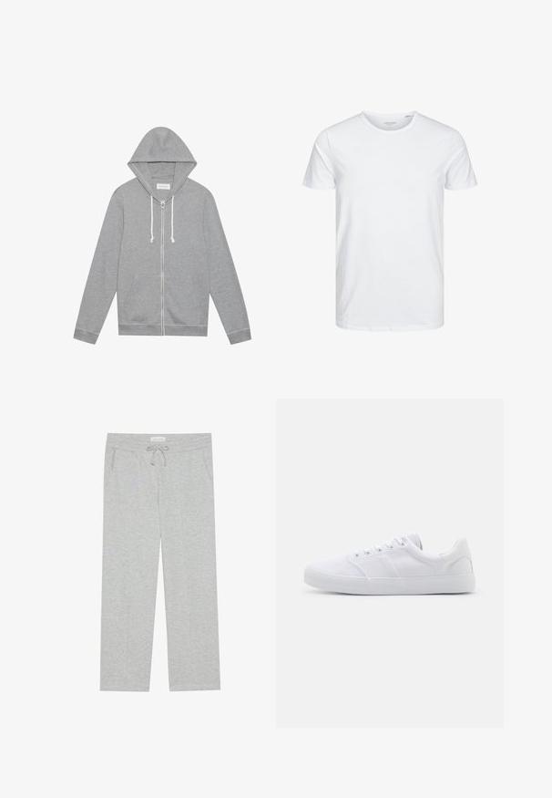 Ανοιχτό γκρι φούτερ με φερμουάρ, λευκές κορδόνες, μπροστινές τσέπες και καπέλο, τοποθετημένο επίπεδα σε άσπρο φόντο.; Μπλούζα κοντομάνικη με στρογγυλή λαιμόκοψη σε λευκό χρώμα, φτιαγμένη από απαλό βαμβάκι, διαθέτει απλό σχέδιο χωρίς ορατά μοτίβα ή διακοσμητικά.; Pier One by Zalando Παντελόνι φόρμας - light grey; Λευκά καμβά παπούτσια με καουτσούκ σόλα, που διαθέτουν έξι τρυπίτσες, υφηλό καπάκι ποδιού και μινιμαλιστικό σχέδιο.