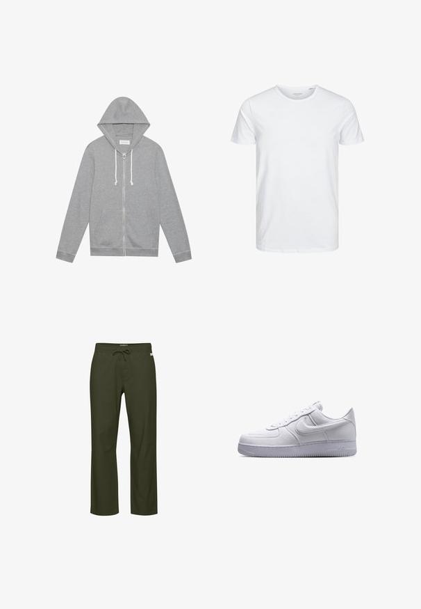 Sudadera con cremallera color gris claro, con cordones blancos, bolsillos delanteros y capucha, dispuesta plana sobre un fondo blanco.; Camiseta de manga corta y cuello redondo en blanco sólido, fabricada en algodón suave, presenta un diseño simple sin patrones ni acentos visibles.; Pantalones verde oliva con cintura de cordón, diseño de pierna recta, textura de tela suave y una etiqueta de logo sutil en el frente.; Zapatilla blanca Nike Air Force 1 de caña baja con cierre de cordones y suela texturizada, mostrada en perfil lateral sobre un fondo blanco.