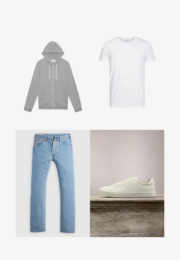 Hellgrauer Zip-Hoodie mit weißen Kordeln, vorderen Taschen und Kapuze, flach auf einem weißen Hintergrund ausgelegt.; Rundhals-T-Shirt mit kurzen Ärmeln in reinem Weiß, aus weicher Baumwolle, mit einem schlichten Design ohne sichtbare Muster oder Akzente.; Hellblaue gerade geschnittene Jeans aus Denim mit Knopfverschluss, Gürtelschlaufen sowie Vorder- und Hintertaschen, auf einem weißen Hintergrund präsentiert.; Weiße Schnürsneaker, die über einer Holzbank mit grünem Laub im Hintergrund schweben und das Schuhdesign sowie die Textur zeigen.