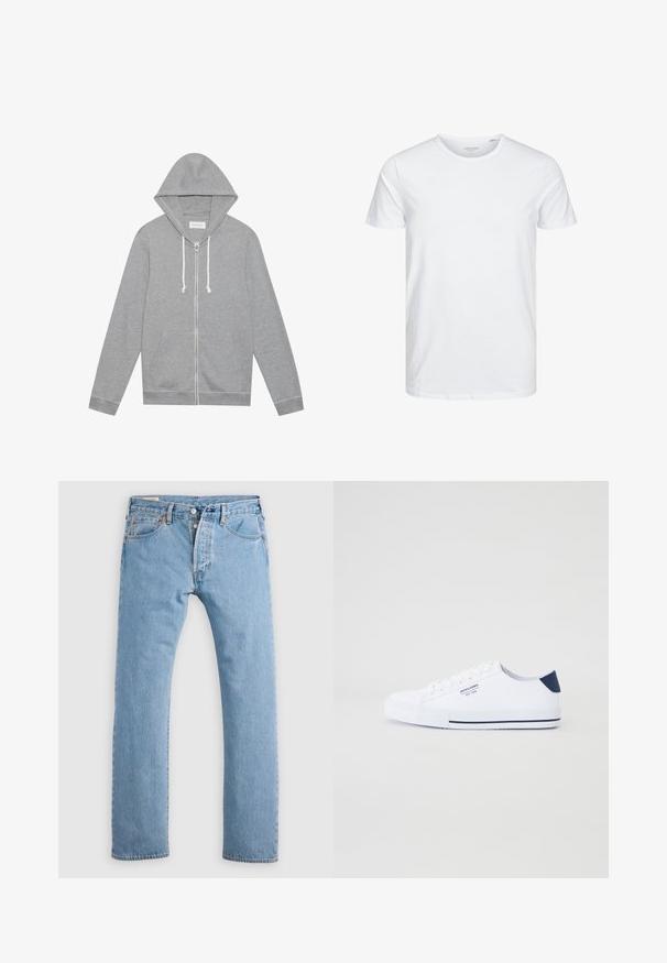 Lys grå zip-up hættetrøje med hvide snore, forlommer og hætte, lagt fladt mod en hvid baggrund.; Rundhals kortærmet t-shirt i ensfarvet hvid, lavet af blød bomuld, har et simpelt design uden synlige mønstre eller detaljer.; Lys blå lige ben denim jeans med knaplukning, bæltestropper og for- og baglommer, vist på en hvid baggrund.; Hvide kanvas sneakers med en marineblå hælaccents, flad gummisål, rund tå og hvide snørebånd. Har logo på siden.