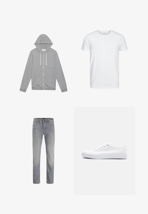 Lys grå zip-up hættetrøje med hvide snore, forlommer og hætte, lagt fladt mod en hvid baggrund.; Rundhals kortærmet t-shirt i ensfarvet hvid, lavet af blød bomuld, har et simpelt design uden synlige mønstre eller detaljer.; Lys grå denimjeans med lige ben-design, fem-lomme stil og klassisk knappelukning. Glat stoftekstur og ren finish.; Lavtop hvid lærredsneaker med hvide snørebånd, gummisål og metaløjer, vist fra ydersiden på en ensfarvet baggrund.