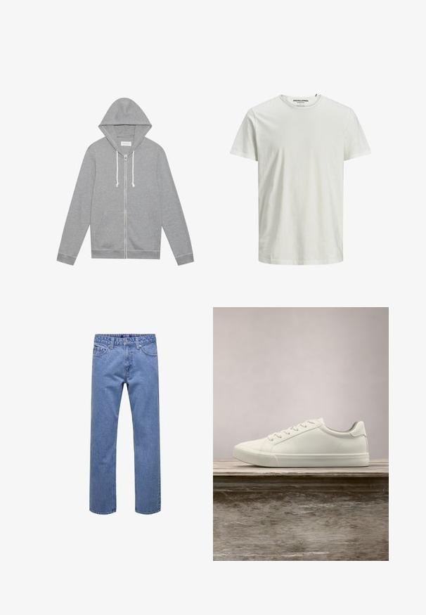 Haut à capuche zippé gris clair avec des cordons blancs, poches avant et capuche, posé à plat sur un fond blanc.; T-shirt blanc à manches courtes en coton biologique. Il présente un col rond et une coupe décontractée, avec une texture simple et lisse.; Jean droit en denim bleu avec bouton et fermeture éclair à l'avant, passants pour ceinture, et poches avant et arrière.; Sneaker en dentelle blanche flottant au-dessus d'un banc en bois avec un feuillage vert en arrière-plan, mettant en valeur le design et la texture de la chaussure.