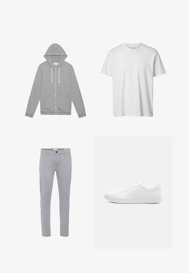Haut à capuche zippé gris clair avec des cordons blancs, poches avant et capuche, posé à plat sur un fond blanc.; T-shirt blanc uni à manches courtes, col rond, coupe décontractée, sans logos ni motifs visibles à l'avant.; Pantalon slim gris clair avec fermeture par bouton et zip à l'avant, poches avant et passants pour ceinture.; Baskets blanches basses à lacets, tige en cuir lisse et semelle épaisse en caoutchouc, vues de profil sur un fond uni.
