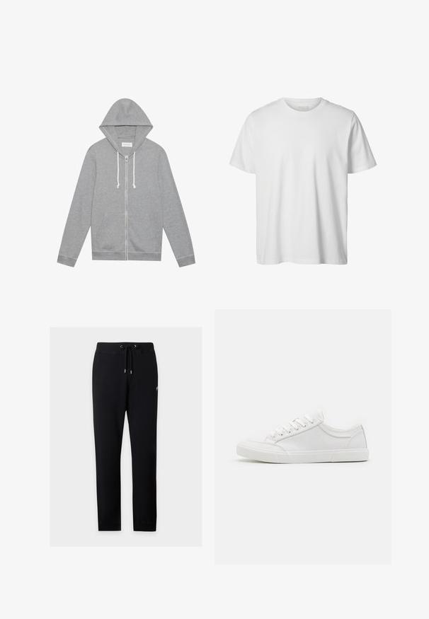Haut à capuche zippé gris clair avec des cordons blancs, poches avant et capuche, posé à plat sur un fond blanc.; T-shirt blanc uni à manches courtes, col rond, coupe décontractée, sans logos ni motifs visibles à l'avant.; Pantalon de jogging noir à cordon avec taille et poignets élastiques, présenté sur fond gris clair.; Baskets blanches avec une tige en cuir lisse, bout rond, semelle plate en caoutchouc et six œillets pour les lacets. Détails de couture subtils, design minimaliste.