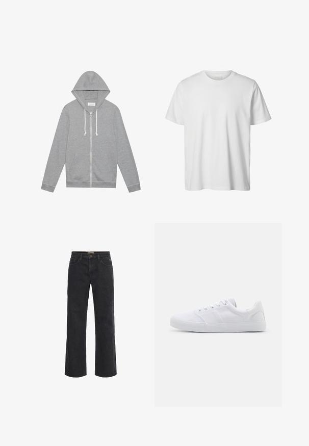 Haut à capuche zippé gris clair avec des cordons blancs, poches avant et capuche, posé à plat sur un fond blanc.; T-shirt blanc uni à manches courtes, col rond, coupe décontractée, sans logos ni motifs visibles à l'avant.; Pantalons en denim noir à jambe large avec fermeture à bouton, cinq poches et une texture légèrement délavée. Coupe droite de la taille à l'ourlet.; Baskets en toile blanches avec une semelle en caoutchouc, dotées de six œillets, d'un embout texturé et d'un design minimaliste.