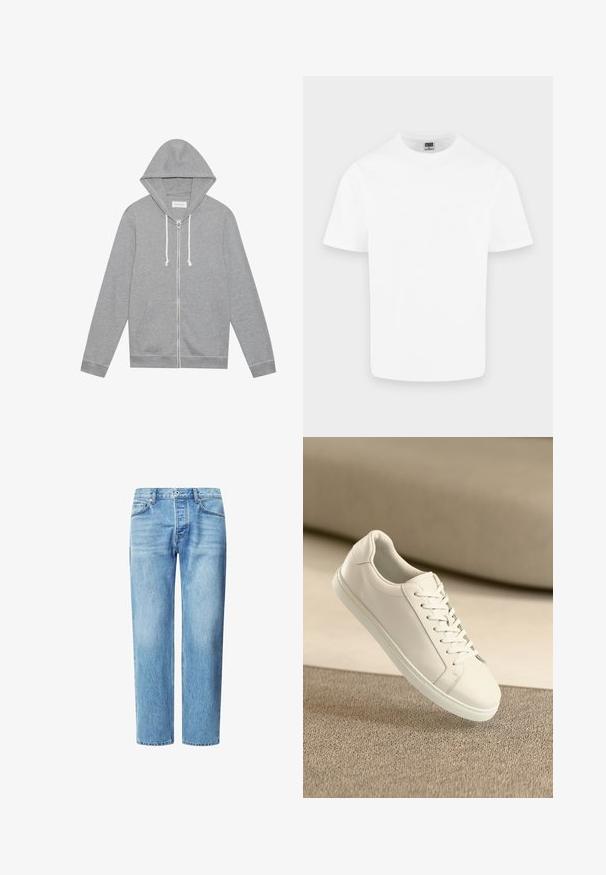 Hellgrauer Zip-Hoodie mit weißen Kordeln, vorderen Taschen und Kapuze, flach auf einem weißen Hintergrund ausgelegt.; Schlichtes weißes Baumwoll-T-Shirt mit kurzen Ärmeln und Rundhalsausschnitt, dargestellt auf hellem grauem Hintergrund.; Helle blaue Denim-Jeans mit geradem Schnitt, fünf Taschen und klassischem Knopf- und Reißverschluss. Dezente, verblichene Textur im gesamten Stoff.; Weißes Leder Sneaker mit weißen Schnürsenkeln, auf einer beigefarbenen strukturierten Oberfläche präsentiert, und einem sanft verschwommenen Hintergrund.