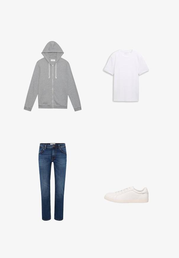 Lys grå zip-up hættetrøje med hvide snore, forlommer og hætte, lagt fladt mod en hvid baggrund.; Almindelig hvid T-shirt med korte ærmer og rund hals lagt fladt ud mod en hvid baggrund.; Mørkeblå denim jeans med lige ben, fem lomme-design og kontraststing. Standard talje med knaplukning.; Hvid lavt sneakersko med snørelukning og flad sål, vist i sideprofil på hvid baggrund.