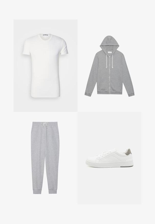 Lys grå zip-up hættetrøje med hvide snore, forlommer og hætte, lagt fladt mod en hvid baggrund.; Hvid bomulds T-shirt med korte ærmer, rund halsudskæring og broderet logo på brystet. Glat tekstur og tætsiddende design.; Grå sweatpants lavet af blødt stof, med en elastisk talje med snoretræk, sidelommer og ribbede mansjetter ved anklerne.; Hvid sneaker lavet af glat læder, rund tå, minimalistisk design, grå hælafsats og tekstureret gummisål.