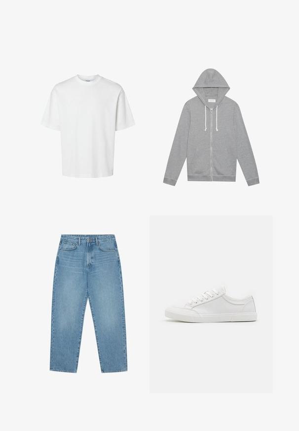 Lys grå zip-up hættetrøje med hvide snore, forlommer og hætte, lagt fladt mod en hvid baggrund.; Enkel hvid t-shirt med korte ærmer, rund hals og løs pasform vist på hvid baggrund.; Lyseblå denimjeans med lige ben, fem-lomme design og en let falmet struktur. Indeholder knap- og lynlåslukning.; Hvide sneakers med en glat læderoverdel, rund tå, flad gummisål og seks øjestik til snørebånd. Subtile syninger og minimalistisk design.