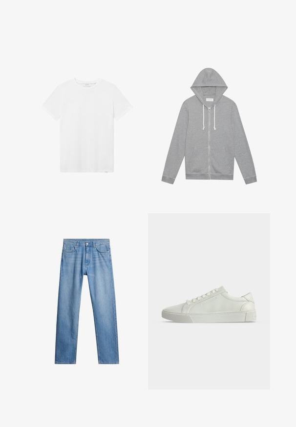 Lys grå zip-up hættetrøje med hvide snore, forlommer og hætte, lagt fladt mod en hvid baggrund.; Hvid bomulds t-shirt med rund halsudskæring, korte ærmer og en diskret logo detalje på brystet. Glat tekstur og standard pasform.; Lyseblå denimjeans med lige ben, fem lommer og metalknaplukning. Struktureret stof med falmede detaljer på fronten.; Hvid lavtop læder sneaker med hvide snøre og en struktureret gummisål, vist fra siden på en ensfarvet baggrund.