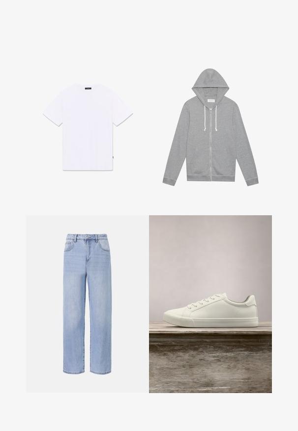 Lichtgrijze zip-up hoodie met witte trekkoorden, voorzakken en een capuchon, plat gelegd tegen een witte achtergrond.; Witte T-shirt met korte mouwen en een ronde hals, plat liggend getoond van achteren, met een klein zwart label bij de hals en zijnaad.; Lichtblauwe denim jeans met een ontspannen, wijde pasvorm. Kenmerken zijn onder andere vijf zakken, een sluiting met een knoop aan de voorkant en subtiele vervaging.; Witte vetersneaker die boven een houten bank zweeft met groene bladeren op de achtergrond, waarbij het ontwerp en de textuur van de schoen worden getoond.