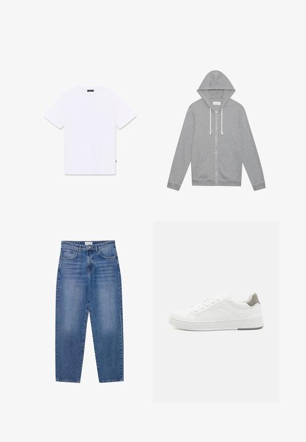Sudadera con cremallera color gris claro, con cordones blancos, bolsillos delanteros y capucha, dispuesta plana sobre un fondo blanco.; Camiseta blanca de manga corta con cuello redondo, mostrada plana desde atrás, con una pequeña etiqueta negra en el cuello y la costura lateral.; Vaqueros de mezclilla azul con un diseño de cintura alta y pierna recta, en acabado desgastado. Presenta cinco bolsillos y un cierre de botón.; Zapatilla blanca con material de cuero liso, punta redonda, diseño minimalista, acento gris en el talón y suela de goma texturizada.