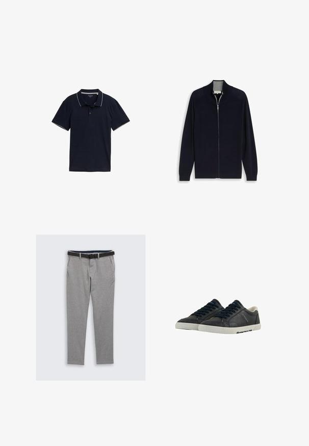 Sort cardigan med lynlås, lange ærmer og opretstående krave, vist fladt på hvid baggrund.; Mørkeblå polo shirt lavet af bomuld, med en klassisk krave, tre-knap lukning og kontrasterende lys grå trim på kraven og ærmerne.; Gråternet bukser med en glat tekstur, udstyret med et sort bælte, sidelommer og en knappet front. Skræddersyet design med en slim fit.; Marine læder sneakers med hvide gummisåler, rund tå og sorte snørebånd. Subtile teksturer og branding på siderne. Casual design.