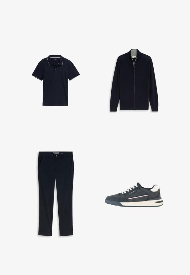Cardigan negro con cremallera, mangas largas y cuello alto, mostrado plano sobre un fondo blanco.; Polo de color azul marino hecho de algodón, con un cuello clásico, tapeta de tres botones y un contraste de ribete gris claro en el cuello y las mangas.; Pantalones casual negros para hombre con bolsillos delanteros, cierre con botón y presillas para cinturón, talla 32 por 32, etiquetados como Tom Tailor Tt.Josh Regular.; Zapatilla deportiva para hombre en azul marino y blanco con cordones blancos, puntera perforada, detalle de rayas en el lateral y acento de marca en el panel lateral.