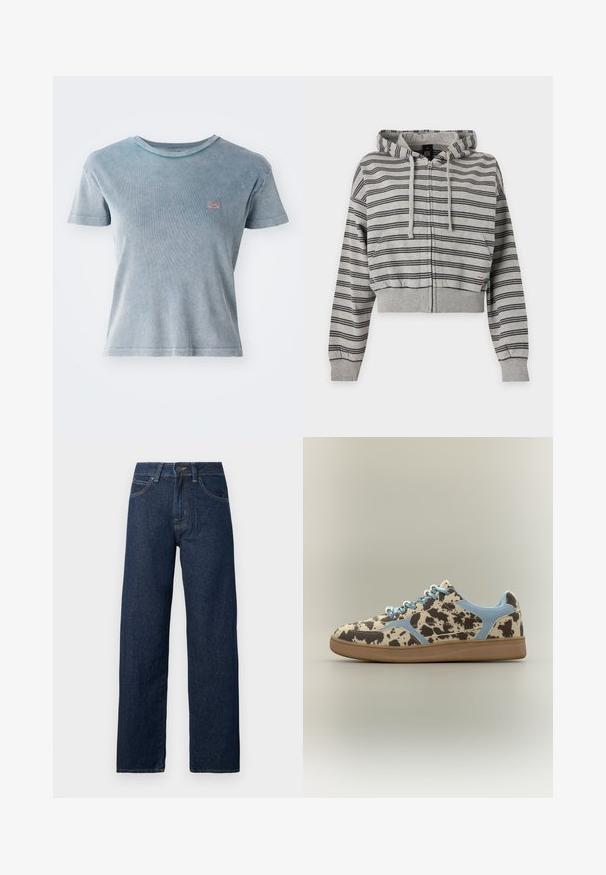 Sweat à capuche gris zippé, avec des rayures horizontales noires, des cordons de serrage, des poches à l'avant et des poignets et ourlet côtelés.; T-shirt bleu clair à manches courtes avec texture côtelée. Présente un petit patch logo sur la poitrine. Encolure ronde et design ajusté.; Jean denim bleu foncé à coupe droite, fermeture par bouton avant et fermeture éclair, avec cinq poches, sur fond blanc.; Baskets basses avec imprimé vache marron et beige, accents bleu clair, lacets bleu clair et semelle marron clair sur fond neutre.