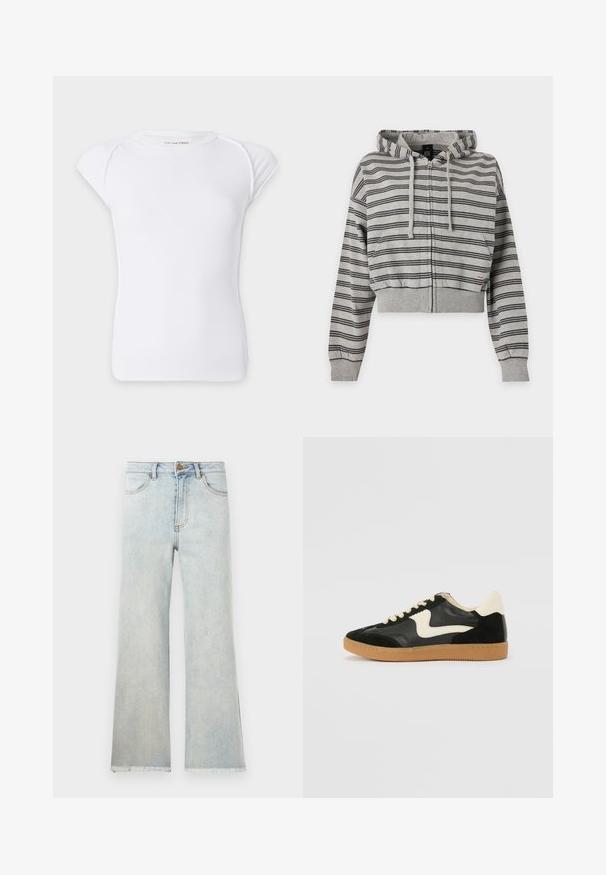 Sweat à capuche gris zippé, avec des rayures horizontales noires, des cordons de serrage, des poches à l'avant et des poignets et ourlet côtelés.; T-shirt blanc à manches courtes en maille côtelée avec un col rond et des épaules légèrement tombantes sur un fond uni.; Jean droit taille haute bleu clair avec poches avant, fermeture à boutons et ourlets effilochés sur fond blanc.; Baskets en daim et cuir noir avec un swoosh latéral crème et un talon crème clair. Dotées de lacets beige et d'une semelle en caoutchouc gomme.