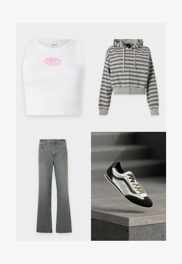 Grå hættetrøje med lynlås, sorte vandrette striber, snore, forlommer og ribkant ved ærmer og søm.; Hvid ribbet crop top med et pink "OBEY" logo i midten. Designet med en rund halsudskæring og uden ærmer.; Grå højhalsede lige ben denimjeans med knap- og lynlås-lukning, forlommer og bæltestropper.; Sort-hvid sneaker med blandede grå snørebånd svæver over en betonrepos mod en sløret baggrund af trapper.